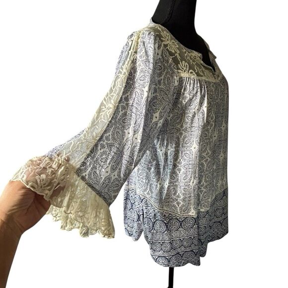 John Mark Peasant Mini Dress 3/4 Bell Sleeve Lace Detail On Blue - Picture 3 of 12